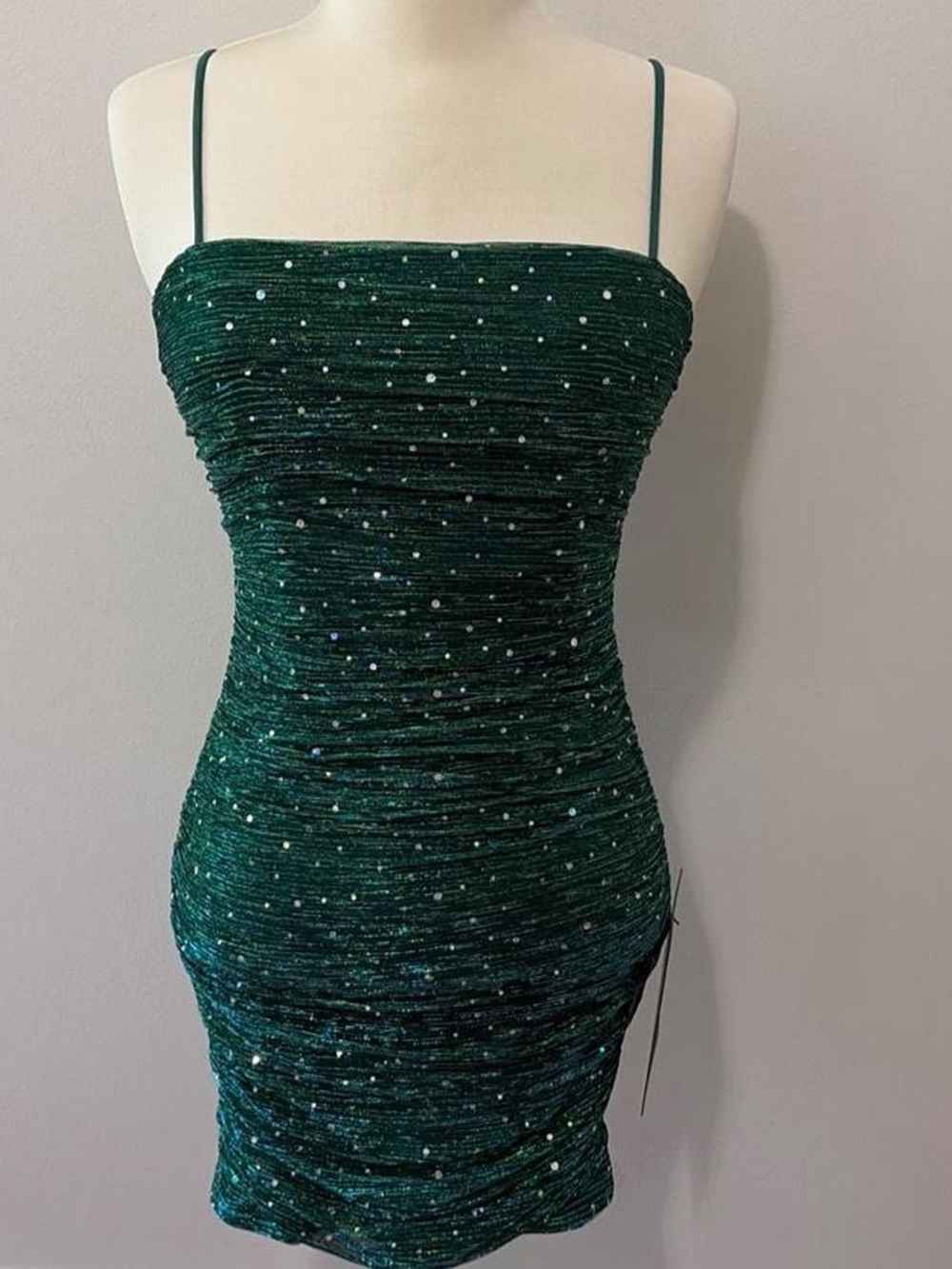 NWT Lulus Emerald Ruched Sequin Spaghetti Strap Mini Dress S Hoco Semi-Formal
